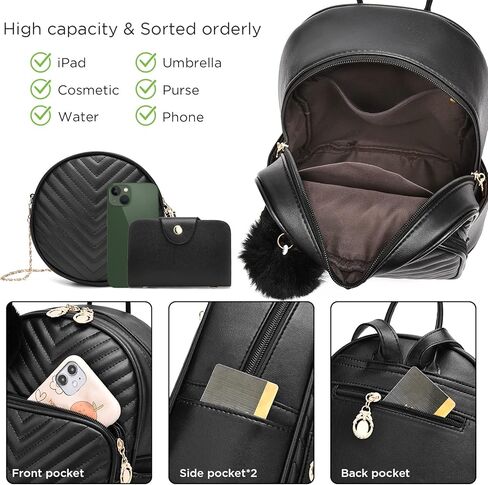 I IHAYNER حقيبة ظهر صغيرة للنساء 3-PCS حقيبة ظهر جلدية محفظة حقائب ظهر صغيرة للنساء السيدات Pompom حقيبة ظهر كتف وردي in Kuwait