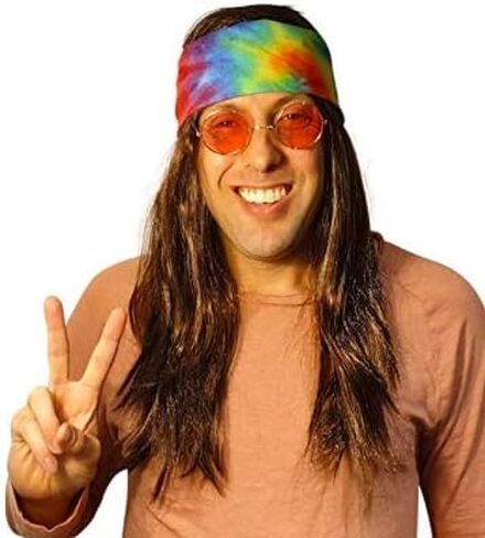 HandinHandCreations Hippie Dark Brown Wig Costume with Tie Dye Bandana 60s 70s Hippy Woodstock Festival Gear in Saudi Arabia