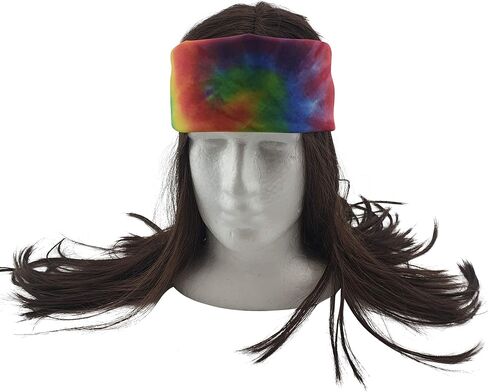 HandinHandCreations Hippie Dark Brown Wig Costume with Tie Dye Bandana 60s 70s Hippy Woodstock Festival Gear in Saudi Arabia