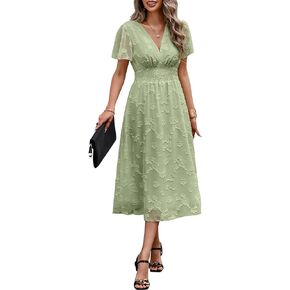 ECOWISH Women Summer Casual Dress - V Neck Flutter Short Sleeve Formal Wedding Guest Cocktail Smocked Midi Dresses