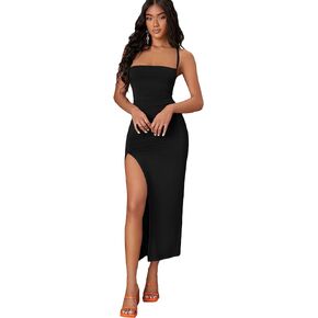 Verdusa Women's Lace Up Backless Strappy Sleeveless Split Long Cami Dress