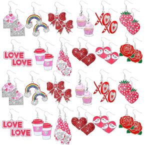 24 Pairs Valentines Day Earrings Bulk Valentine's Day Earrings for Girls Women Love Heart Rose Alloy Rhinestones Earrings Women's Drop and Dangle Earrings for Valentine Gift in Kuwait