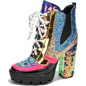 Cape Robbin Nell Heeled Boots for Women Sparkly Sequin Platform Chelsea Boots Women - Chunky Block Heels with Sequined Tongue and Heel - Stylish Glitter Ankle Boots for Women