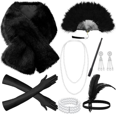 Zhanmai 8 Pcs 1920s Flapper Costume Accessories Set Headband Earrings Gloves Feather Fan Faux Fur Shawl Holder Pearl Necklace Bracelet(White, Black, Elegant Style) in Saudi Arabia