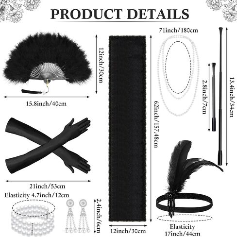 Zhanmai 8 Pcs 1920s Flapper Costume Accessories Set Headband Earrings Gloves Feather Fan Faux Fur Shawl Holder Pearl Necklace Bracelet(White, Black, Elegant Style) in Saudi Arabia