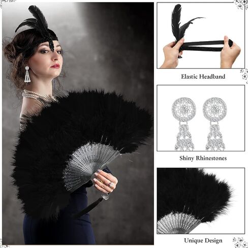 Zhanmai 8 Pcs 1920s Flapper Costume Accessories Set Headband Earrings Gloves Feather Fan Faux Fur Shawl Holder Pearl Necklace Bracelet(White, Black, Elegant Style) in Saudi Arabia