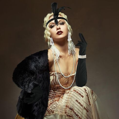 Zhanmai 8 Pcs 1920s Flapper Costume Accessories Set Headband Earrings Gloves Feather Fan Faux Fur Shawl Holder Pearl Necklace Bracelet(White, Black, Elegant Style) in Saudi Arabia
