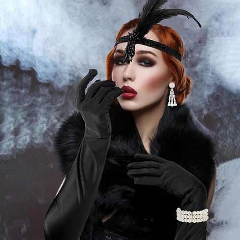 Zhanmai 8 Pcs 1920s Flapper Costume Accessories Set Headband Earrings Gloves Feather Fan Faux Fur Shawl Holder Pearl Necklace Bracelet(White, Black, Elegant Style) in Saudi Arabia