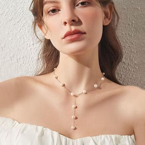 Trendlooks Freshwater Pearl Station Necklace Dainty Pearls Pendant Choker Y-Necklace BTY Necklace Women Pearl Necklace for Wedding Bride, Sterling Silver, Pearl in Kuwait