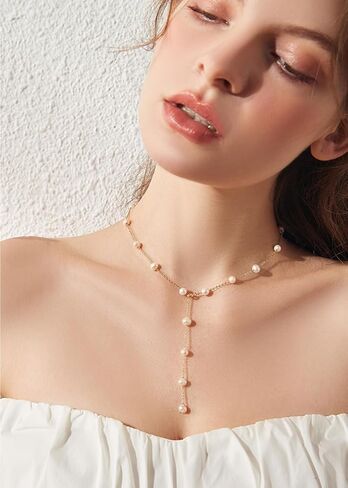Trendlooks Freshwater Pearl Station Necklace Dainty Pearls Pendant Choker Y-Necklace BTY Necklace Women Pearl Necklace for Wedding Bride, Sterling Silver, Pearl in Kuwait