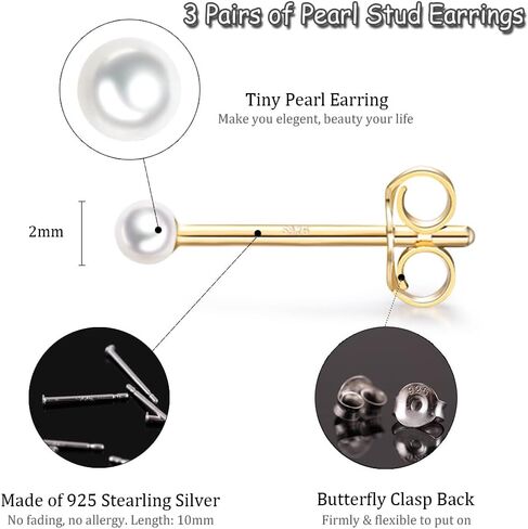 Sterling Silver Stud Earrings for Women Girls- 3 Pairs of 2mm Tiny Ball Stud Earrings Round CZ Cubic Zirconia Earrings Pearl Earrings Set Cartilage Small Tragus Earrings Nose Lip Rings in Kuwait