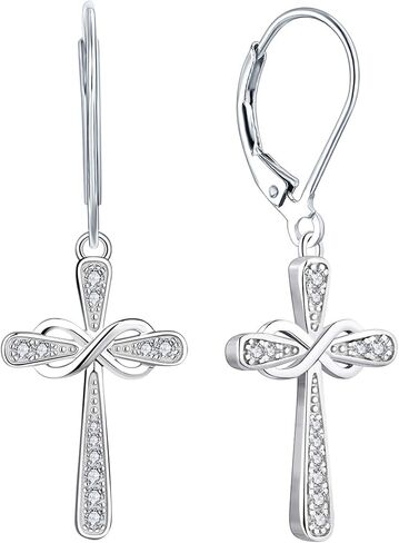 YL Cross Earrings 925 Sterling Silver Infinity Leverback Earrings Cross Dangle Drop Religious Jewelry Christian Baptism Gift in Saudi Arabia