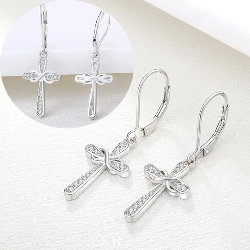 YL Cross Earrings 925 Sterling Silver Infinity Leverback Earrings Cross Dangle Drop Religious Jewelry Christian Baptism Gift in Saudi Arabia