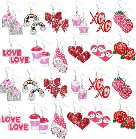 24 Pairs Valentines Day Earrings Bulk Valentine's Day Earrings for Girls Women Love Heart Rose Alloy Rhinestones Earrings Women's Drop and Dangle Earrings for Valentine Gift in Kuwait