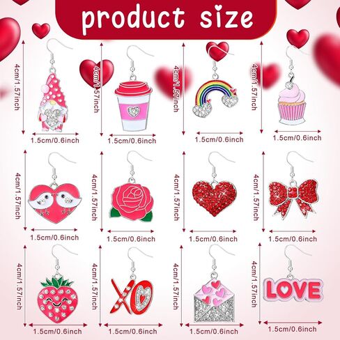 24 Pairs Valentines Day Earrings Bulk Valentine's Day Earrings for Girls Women Love Heart Rose Alloy Rhinestones Earrings Women's Drop and Dangle Earrings for Valentine Gift in Kuwait