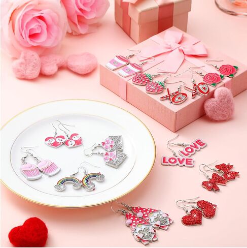 24 Pairs Valentines Day Earrings Bulk Valentine's Day Earrings for Girls Women Love Heart Rose Alloy Rhinestones Earrings Women's Drop and Dangle Earrings for Valentine Gift in Kuwait