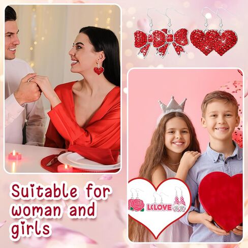 24 Pairs Valentines Day Earrings Bulk Valentine's Day Earrings for Girls Women Love Heart Rose Alloy Rhinestones Earrings Women's Drop and Dangle Earrings for Valentine Gift in Kuwait