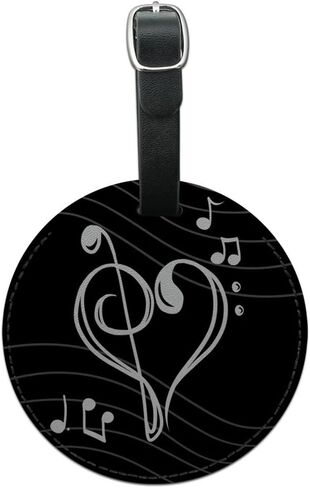 Graphics & More حقيبة يد جلدية مستديرة لبطاقة تعريف الأمتعة من الجلد بمفتاح Treble Bass Clef Heart، باللون الأسود in Saudi Arabia