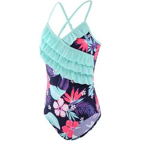 Moon Tree Girls One Piece Swimsuits Hawaiian Ruffle Fluorescent Green Beach Bathing Suit 2-14 Years