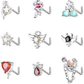 dochais 9pcs حلقات الأنف الأزرار l شكل حلقات الأنف للنساء الفولاذ المقاوم للصدأ قلب نجمة الجناح تشيكوسلوفاكيا أوبال زهرة تتدلى حلقات الأنف الأنف ثقب المجوهرات للنساء الرجال in Kuwait