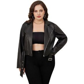WDIRARA Women's Plus Size PU Leather Zipper Biker Jacket Lapel Neck Long Sleeve Motorcycle Crop Blazer