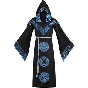 TOONRAIN Mens Halloween Costume Medieval Sorcerer Robe Dark Wizard Renaissance Vintage Hooded Cape Black Cloak in Saudi Arabia