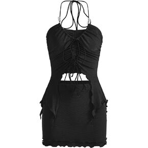 Verdusa Women's 2 Piece Drawstring Asymmetrical Ruched Crop Halter Top and Skirt Set in Kuwait
