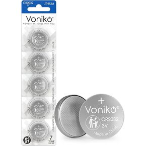 Voniko CR2032 3V Lithium Batteries 5 Pack for Child Safety, Compatible with AirTag, Key Fobs, Thermometers, Scales – 7 Years Shelf Life in Kuwait