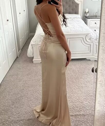 PUXIU الساتان الشمبانيا فساتين وصيفة الشرف طويلة للنساء 2023 الحرير الرسن مثير Bodycon Ruched الجانب الشق فستان رسمي ثوب مسائي US6 in Kuwait
