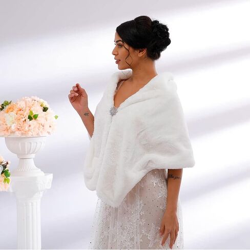 Bounzhi Women 's Wedding Faux Fur Shawl Wraps Bridal Wedding Scarf Stoles Faux Fur with brooch for Bride and Bridesmaids in Kuwait
