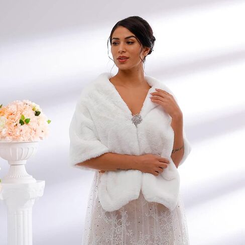Bounzhi Women 's Wedding Faux Fur Shawl Wraps Bridal Wedding Scarf Stoles Faux Fur with brooch for Bride and Bridesmaids in Kuwait