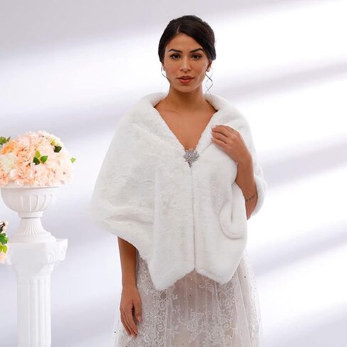 Bounzhi Women 's Wedding Faux Fur Shawl Wraps Bridal Wedding Scarf Stoles Faux Fur with brooch for Bride and Bridesmaids in Kuwait