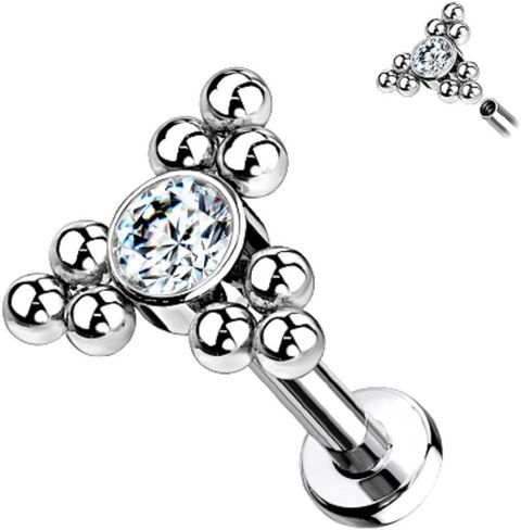 Pierced Owl - 16G G23 Implant Grade Titanium Internally Threaded CZ Crystal Triple Ball Cluster Flat Back Labret Monroe Lip Cartilage Helix Conch Ear Lobe Stud in Saudi Arabia