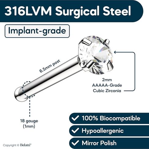 BELATTI 6 قطع من حلقات الأنف الجراحية الفولاذية للنساء والرجال - مجموعة زركونيا مكعبة 2 مم تشيكوسلوفاكيا - شريط دفع لا يسبب الحساسية - حلقة أنف مستقيمة - دبوس عظمة مجوهرات ثقب الأنف (اختر المقياس - اللون - الجوهرة) in Kuwait