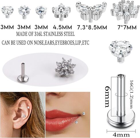 ZZHDCC 16G إلى الأمام اللولب الغضروف أقراط للنساء الجراحية الصلب Labret الشفاه الجسم مجوهرات مكعب زركونيا فراشة زهرة نجمة القلب روك Daith محارة الزنمة الثقب in Kuwait