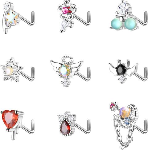 dochais 9pcs حلقات الأنف الأزرار l شكل حلقات الأنف للنساء الفولاذ المقاوم للصدأ قلب نجمة الجناح تشيكوسلوفاكيا أوبال زهرة تتدلى حلقات الأنف الأنف ثقب المجوهرات للنساء الرجال in Kuwait