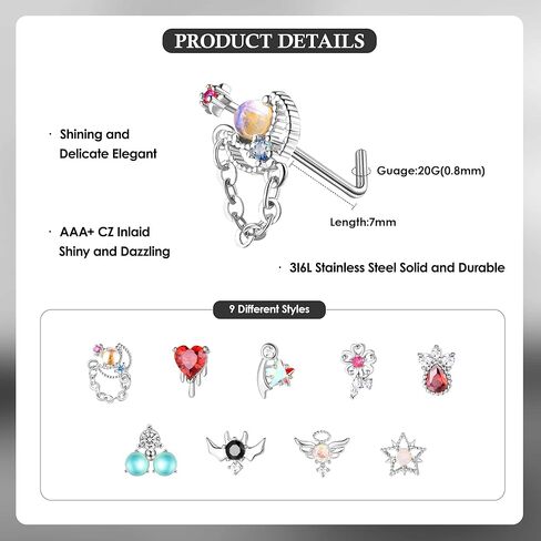 dochais 9pcs حلقات الأنف الأزرار l شكل حلقات الأنف للنساء الفولاذ المقاوم للصدأ قلب نجمة الجناح تشيكوسلوفاكيا أوبال زهرة تتدلى حلقات الأنف الأنف ثقب المجوهرات للنساء الرجال in Kuwait