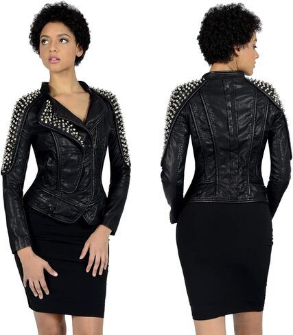 سترة ZJX النسائية الكلاسيكية ذات التصميم الكلاسيكي والمثبتة على شكل برشام من الجلد ذات طية صدر السترة عالية الجودة للدراجات النارية in Kuwait