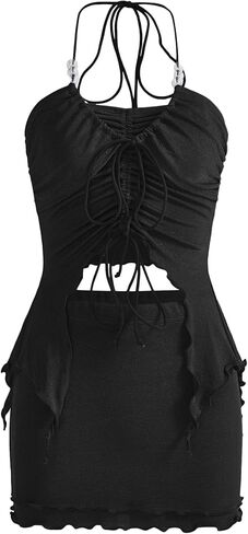Verdusa Women's 2 Piece Drawstring Asymmetrical Ruched Crop Halter Top and Skirt Set in Kuwait