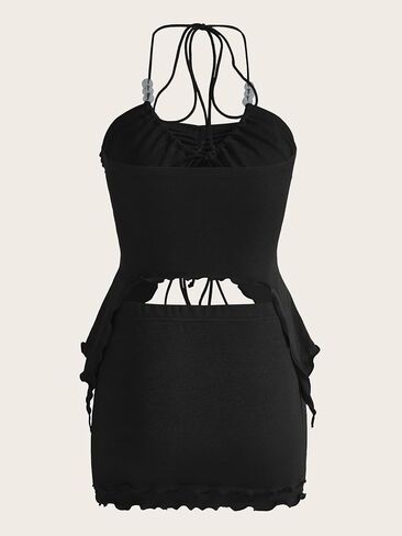 Verdusa Women's 2 Piece Drawstring Asymmetrical Ruched Crop Halter Top and Skirt Set in Kuwait