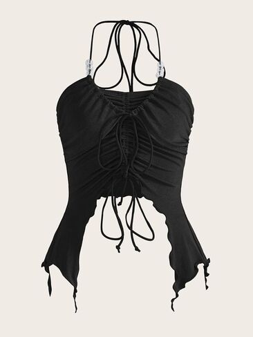 Verdusa Women's 2 Piece Drawstring Asymmetrical Ruched Crop Halter Top and Skirt Set in Kuwait