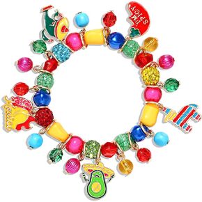 Cinco De Mayo Charm Bracelets for Women, Mexican Fiesta Beaded Stretch Bracelets Colorful Sombrero Avocado Pinata Chili Charm Bracelets Mexican Accessories Party Favors