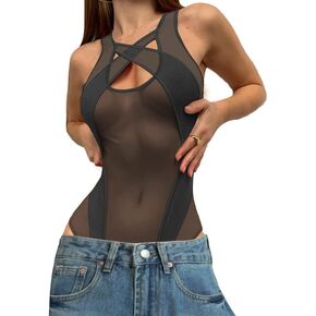 Yunison Mesh Bodysuit Sleeveless Mesh Sheer Jumpsuit Criss Cross See Through Leotard Tops Rave Outfit in Kuwait