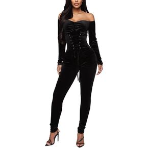 جمبسوت نسائي من VOIKERDR مكشوف الأكتاف من الريش قطعة واحدة للنساء بخصر عالٍ رومبير مخملي مثير in Kuwait