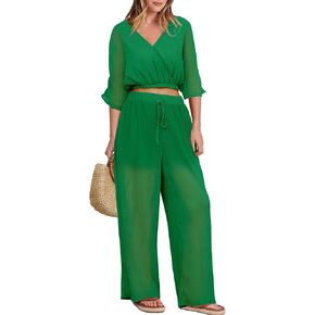 luvamia 2 Piece Outfits for Women Summer 2024 Faux Wrap Crop Top Elastic High Waisted Wide Leg Pants Set Beach Vacation