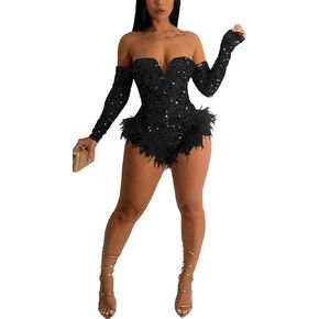 المرأة مثير كم طويل قبالة الكتف الترتر Bodycon ريشة السراويل حزب Clubwear بذلة السروال القصير