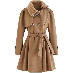 CHICWISH Women's Tan/Black Faux Fur Collar Double-Breasted Storm Flap Skater Coat