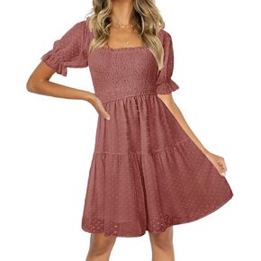 TECREW Womens Square Neck Puff Sleeve Mini Dress Summer Chiffon Swiss Dot Flowy Smocked Dress in Kuwait
