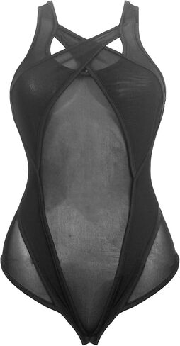 Yunison Mesh Bodysuit Sleeveless Mesh Sheer Jumpsuit Criss Cross See Through Leotard Tops Rave Outfit in Kuwait