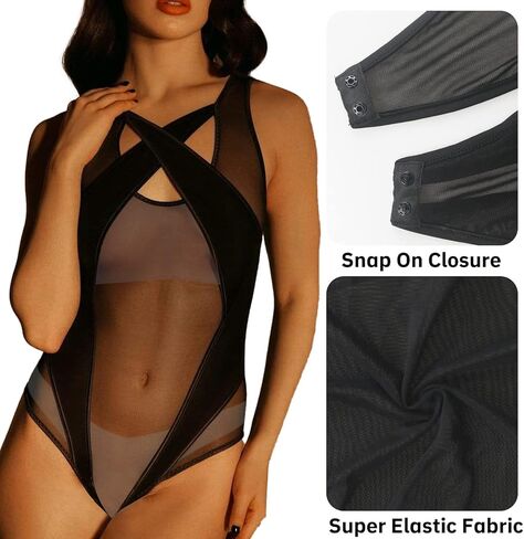 Yunison Mesh Bodysuit Sleeveless Mesh Sheer Jumpsuit Criss Cross See Through Leotard Tops Rave Outfit in Kuwait